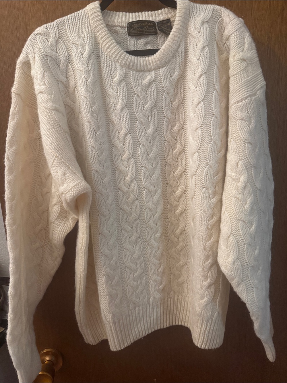 Eddie Bauer Cream Cable Knit Crewneck Sweater Vintage 100% Wool Fisherman